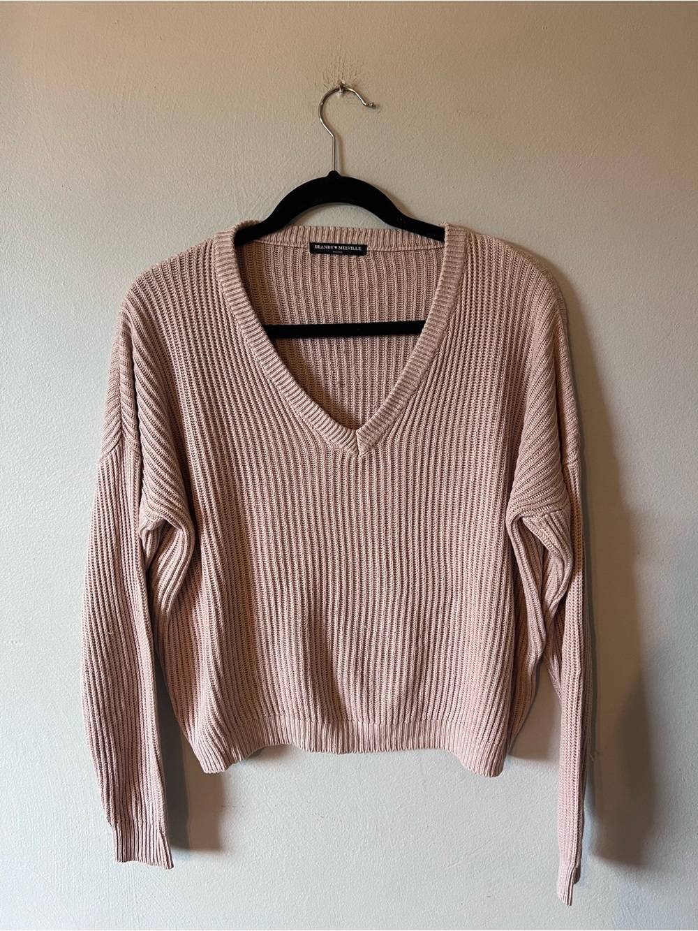Brandy Melville Tan Ribbed V-Neck Sweater